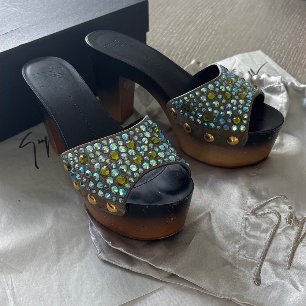Giuseppe Zanotti Black and Gold Platform Heels with Rhinestones